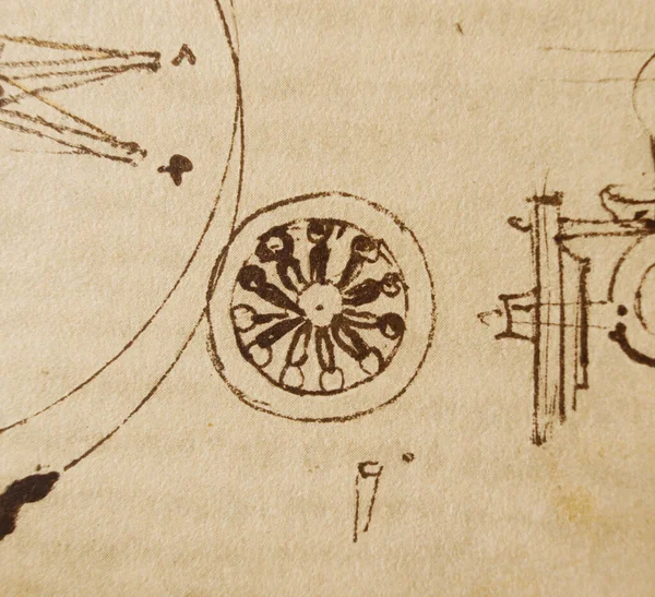 Manuscrito Desenhos Roda Leonardo Vinci Antigo Livro Codice Sul Volo — Fotografia de Stock