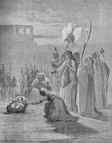 Спасение Младенца Моисея Старой Книге Библия Картинках Doreh 1897 — стоковое фото