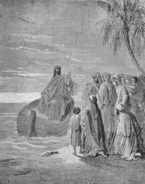 Jézus Krisztus Prédikációja Galileai Tengernél Régi Könyvben Biblia Képekben Írta — Stock Fotó