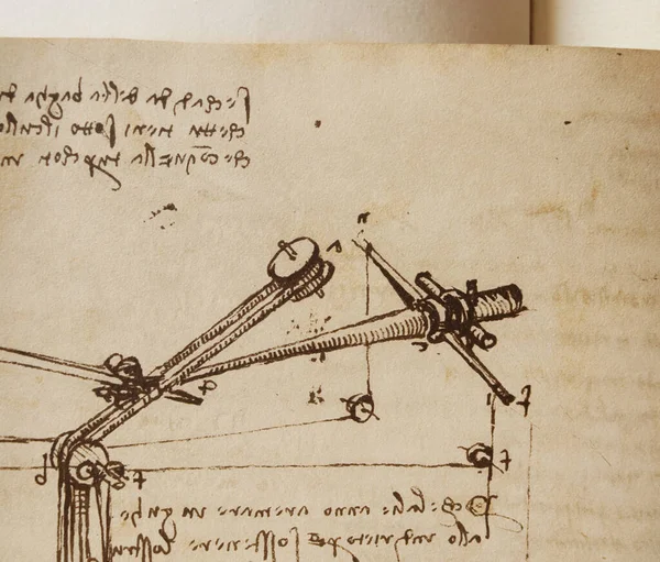 Rękopis Rysunki Plany Leonarda Vinci Ego Starej Książce Codice Sul — Zdjęcie stockowe
