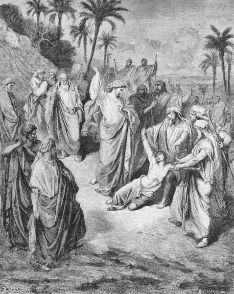 Jézus Meggyógyít Egy Démon Megszállott Gyermeket Régi Könyvben Biblia Képekben — Stock Fotó