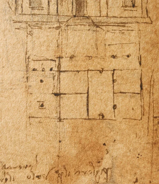 Rękopis Rysunki Plany Plan Domu Leonarda Vinci Ego Starej Książce — Zdjęcie stockowe