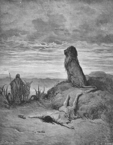 Пророк Убитый Львом Старой Книге Библия Картинках Дорех 1897 — стоковое фото