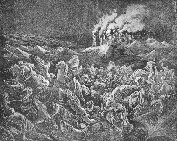 Gideon在G Doreh所著的 Bible Pictures 一书中击败米甸人的故事 1897年 — 图库照片