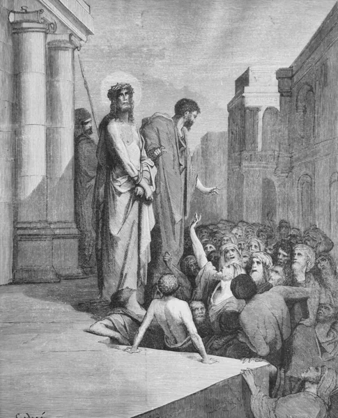 Pilate Brings Jesus People Judgment Old Book Bible Pictures Doreh — Stock Photo, Image