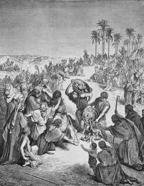 Иисус Умножает Хлебы Толпы Старой Книге Библия Картинках Дореха 189 — стоковое фото