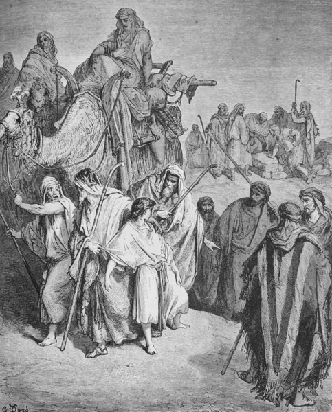 stock image Joseph is sold by his brothers to the Ishmaelites in the old book The Bible in Pictures, by G. Doreh, 1897