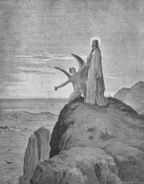 Kuszenie Zbawiciela Diabła Starej Książce Biblia Obrazach Doreh 189 — Zdjęcie stockowe