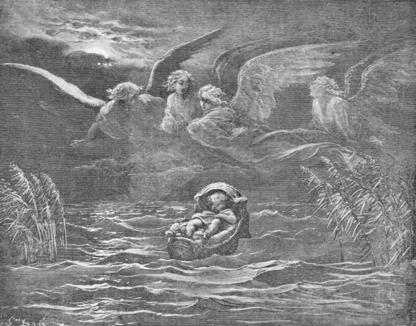 Küçük Musa Nehirde Bir Sepetin Içinde Eski Kitap Resimlerdeki Ncil — Stok fotoğraf