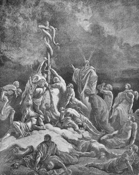 Бронзовый Змей Которого Моисей Поместил Старую Книгу Библия Картинках Дореха — стоковое фото