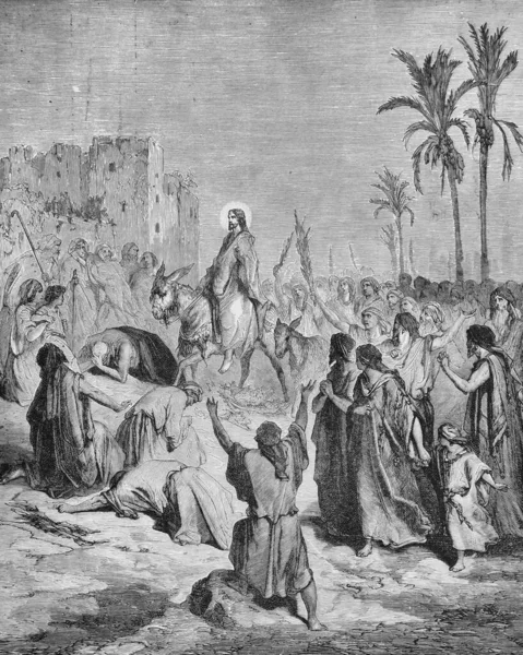 Jézus Bejegyzése Jeruzsálembe Régi Könyvben Biblia Képekben Írta Doreh 189 — Stock Fotó