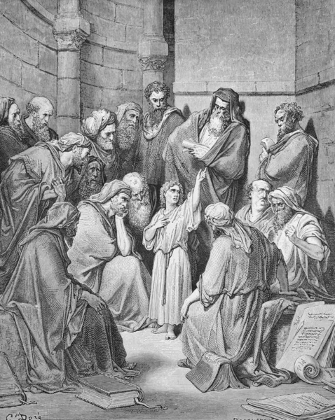 少年イエスは古書 絵の中の聖書 の中でユダヤ人の教師たちの間で Doreh 189年 — ストック写真