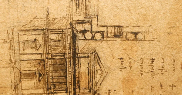 Manuscrit Dessins Plans Projet Maison Léonard Vinci Dans Ancien Livre — Photo