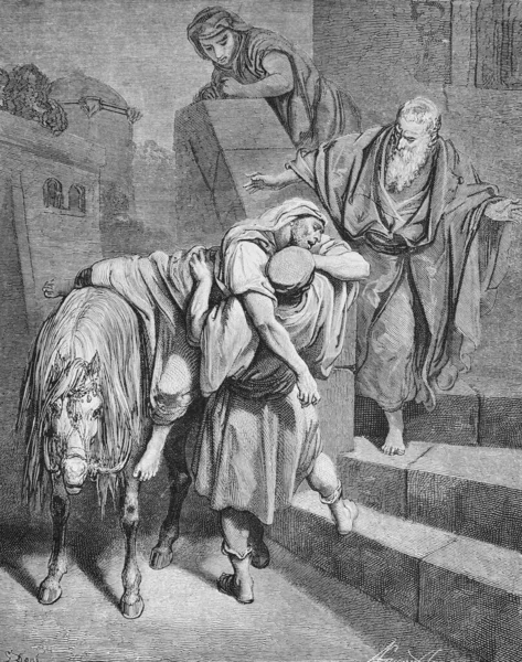 Arrivo Del Buon Samaritano Alla Locanda Nel Vecchio Libro Bibbia — Foto Stock