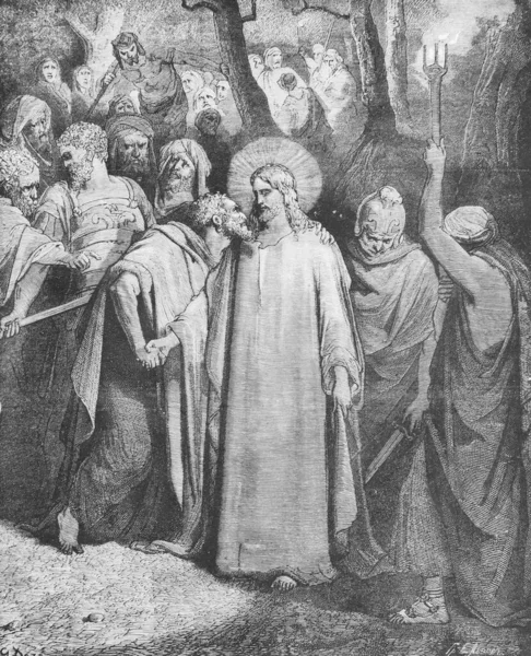 Иуда Предаёт Иисуса Поцелуем Старой Книге Библия Картинках Дореха 1897 — стоковое фото