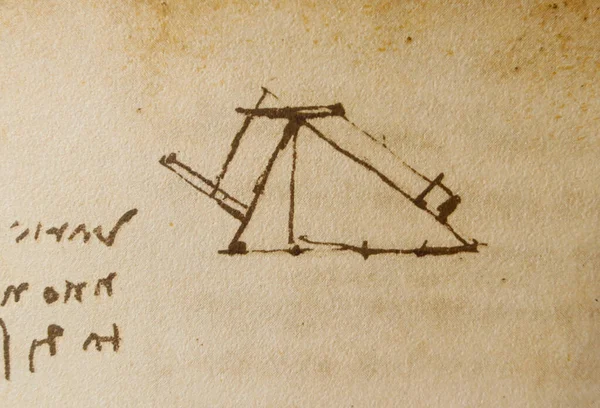 Manuscript Drawings Blueprints Triangle Leonardo Vinci Old Book Codice Sul — Stock Photo, Image