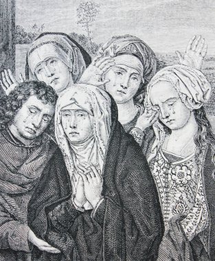 Hugues van Der Goes tarafından yazılan ağlayan insanlar klasik bir kitaba kazınmış. Ressamların Tarihi, yazar Jules Benouard, 1864, Pari