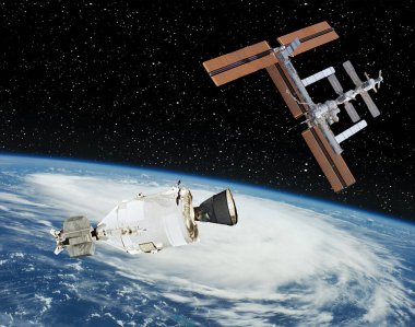 Dünya ve uzay gemileri. Uzay boşluğu. Bu görüntünün elementleri NASA tarafından sağlanmıştır.