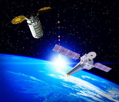 Dünya ve uzay gemileri. Uzay boşluğu. Bu görüntünün elementleri NASA tarafından sağlanmıştır.