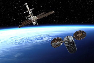 Dünya ve uzay gemileri. Uzay boşluğu. Yıldızlar. Bu görüntünün elementleri NASA tarafından sağlanmıştır.