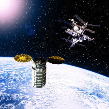 Dünya ve uzay gemileri. Uzay boşluğu. Bu görüntünün elementleri NASA tarafından sağlanmıştır.
