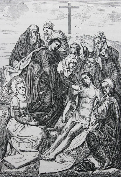 Jean Van Eyck所刻耶稣的墓碑刻在古籍 画家的历史 作者Jules Benouard 1864 Pari — 图库照片