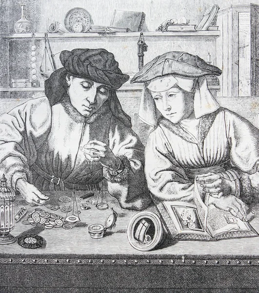 The Banker and his wife by Quentin Matsys engraved in a vintage book History of Painters, author Jules Benouard, 1864, Pari