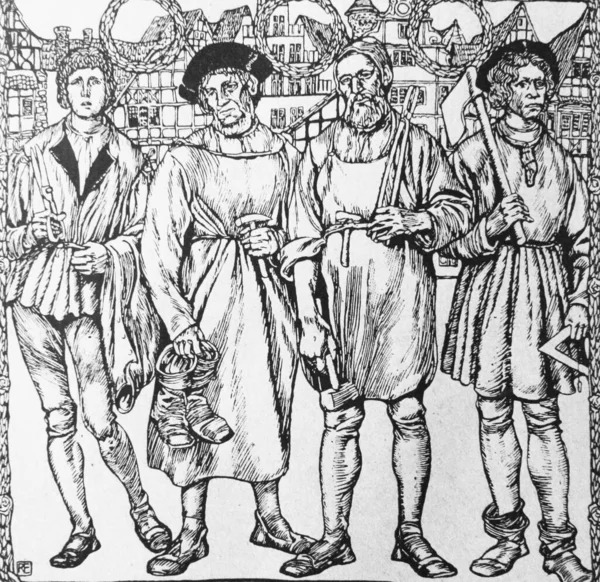 Artisans Médiévaux Tailleur Cordonnier Forgeron Charpentier Dans Ancien Livre Histoire — Photo