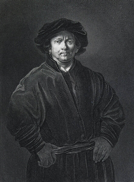 Protrait of Rembrandt by Rembrandt engraved in a vintage book Picture Galleries of Europe, edition of M.S. Wolf, vol. 1, 1862, St. Petersbur