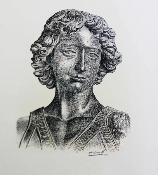 Verrochio所著 大卫的头 在一本古籍里有插图 Leonard Vinci Eugene Muntz 1899年 Pari — 图库照片