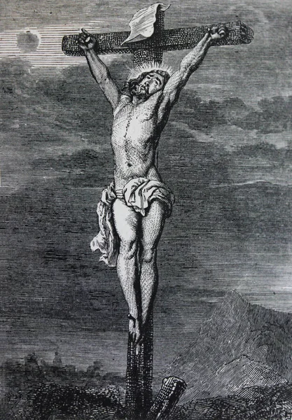 Kruisiging Door Anthony Van Dyck Gegraveerd Een Vintage Boek Picture — Stockfoto