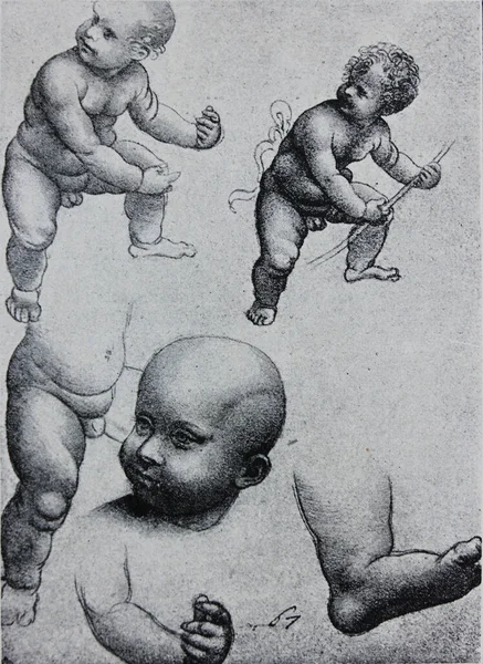 레오나르도다빈치가 아이들의 스케치 삽화는 빈티지 Leonard Vinci Eugene Muntz 1899 — 스톡 사진
