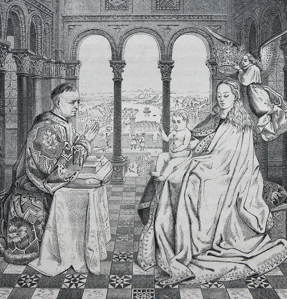 Dziewica Jeana Van Eycka Wygrawerowana Zabytkowej Książce Historia Malarzy Autor — Zdjęcie stockowe