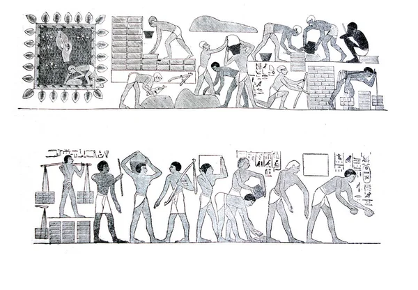 Uma Ilustração Gravada Egípcios Antigos Que Constroem Construção Livro Vintage — Fotografia de Stock