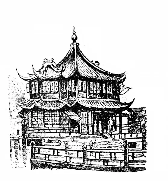Old house in Shanghai in the old book the Encyklopedja, by Olgerbrand, 1898, Warszawa