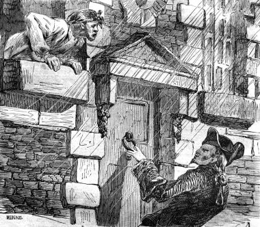 Bir adam eski kitaptaki tokmağa cevap verir: Ansiklopedi D 'Anecdotes, Laisne, 1857, Paris