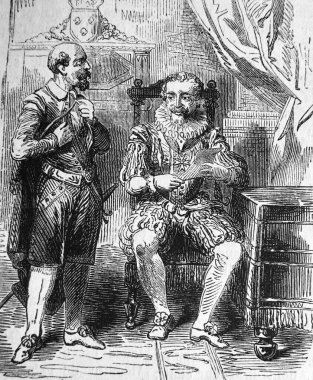 İki adam eski kitapta bir şeyi tartışıyorlar. Ansiklopedi D 'Anecdotes, Laisne, 1857, Paris