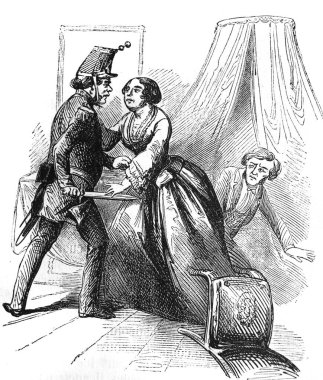 Bir adam eski bir kitapta karısının sevgilisini öldürmek ister. Ansiklopedi D 'Anecdotes, Laisne, 1857, Paris