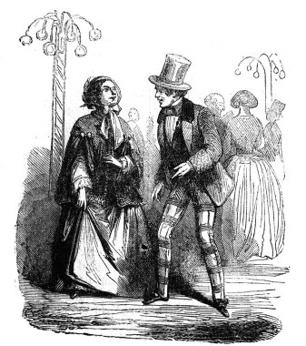 Bir adam ve bir kadın eski kitapta bir şeyi tartışıyorlar. Ansiklopedi D 'Anecdotes, Laisne, 1857, Paris