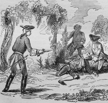 Asker, eski kitapta bir adamı öldürdü. Ansiklopedi D 'Anecdotes, Laisne, 1857, Paris.