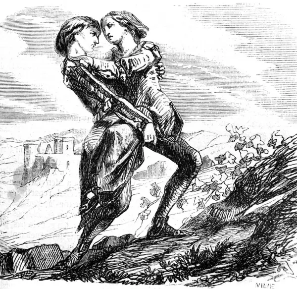 A young man carries a girl in the old book the Encyclopediana D\'Anecdotes, by Laisne, 1857, Paris