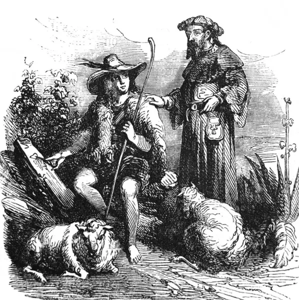 Shepherd, old man and sheep in the old book the Encyclopediana D\'Anecdotes, by Laisne, 1857, Paris