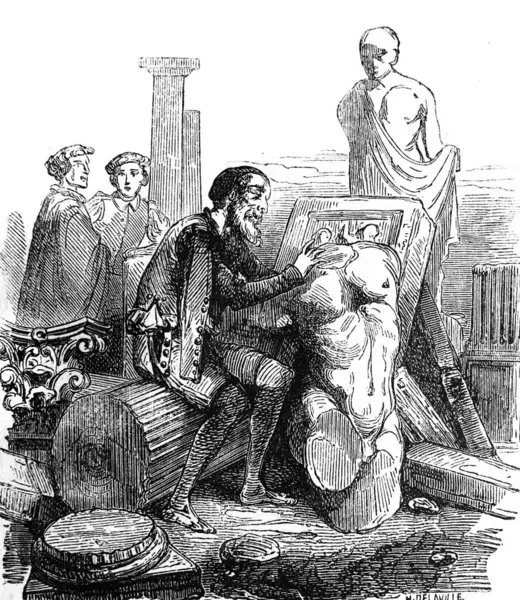 Sculptor sculpting a sculpture in the old book the Encyclopediana D\'Anecdotes, by Laisne, 1857, Paris