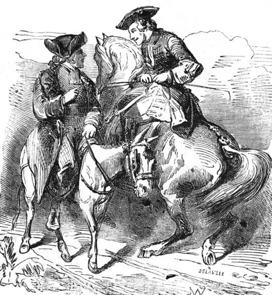Two riders are discussing something in the old book the Encyclopediana D\'Anecdotes, by Laisne, 1857, Paris
