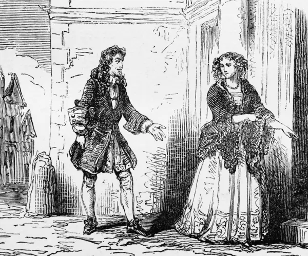 A man addresses a girl in the old book the Encyclopediana D\'Anecdotes, by Laisne, 1857, Paris