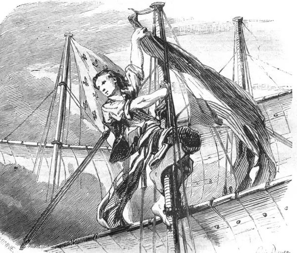 Чоловік Щоглі Корабля Старій Книзі Encyclopediana Anecdotes Laisne 1857 Париж Ліцензійні Стокові Зображення