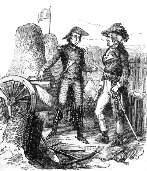 Двоє Солдатів Обговорюють Дещо Старій Книзі Encyclopediana Anecdotes Laisne 1857 Стокове Фото