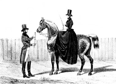 Aubert, 1842, Paris 'in eski Equitation des Dames kitabında binicinin önünde ata biner.
