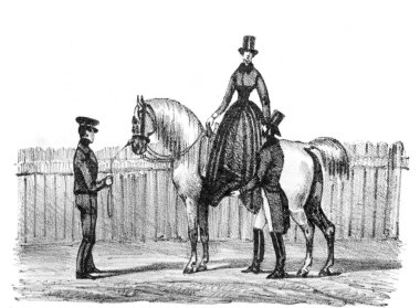 Bir adam, kadının atından inmesine yardım eder Aubert 'in 1842' de Paris 'te yazdığı Equitation des Dames adlı eski kitapta.