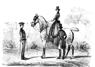 Aubert, 1842, Paris 'te, Aubert' in eski Equitation des Dames kitabında bir atlı ve yanında bir adam vardı.